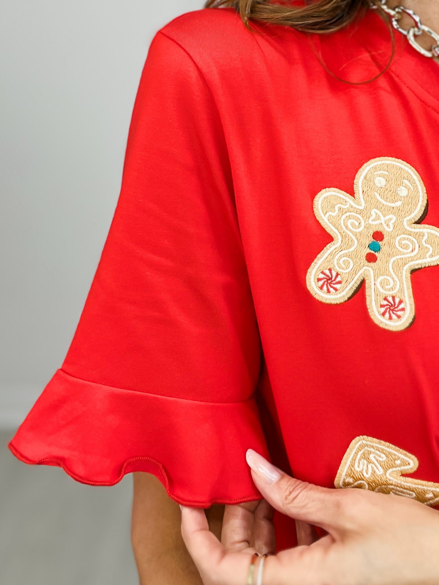 Festive Short Sleeve Embroidered Cookie Top