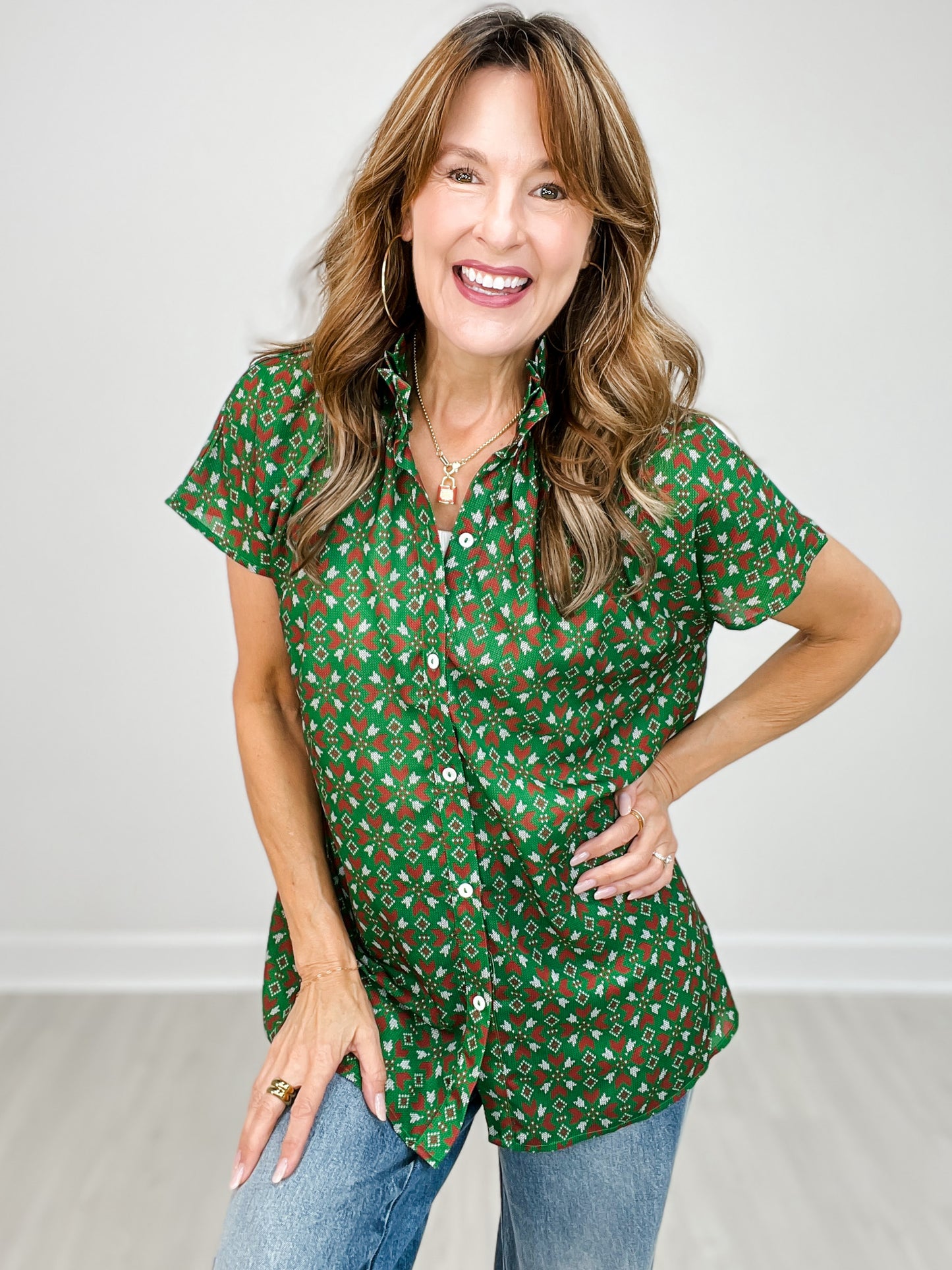 Short Sleeve Christmas Print Button Up Collared Top