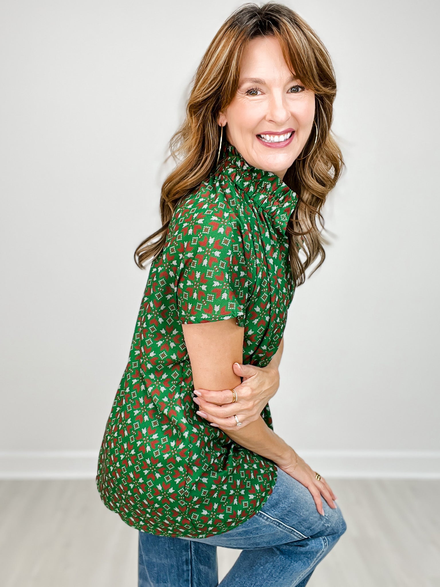 Short Sleeve Christmas Print Button Up Collared Top