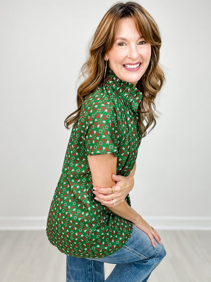 Short Sleeve Christmas Print Button Up Collared Top