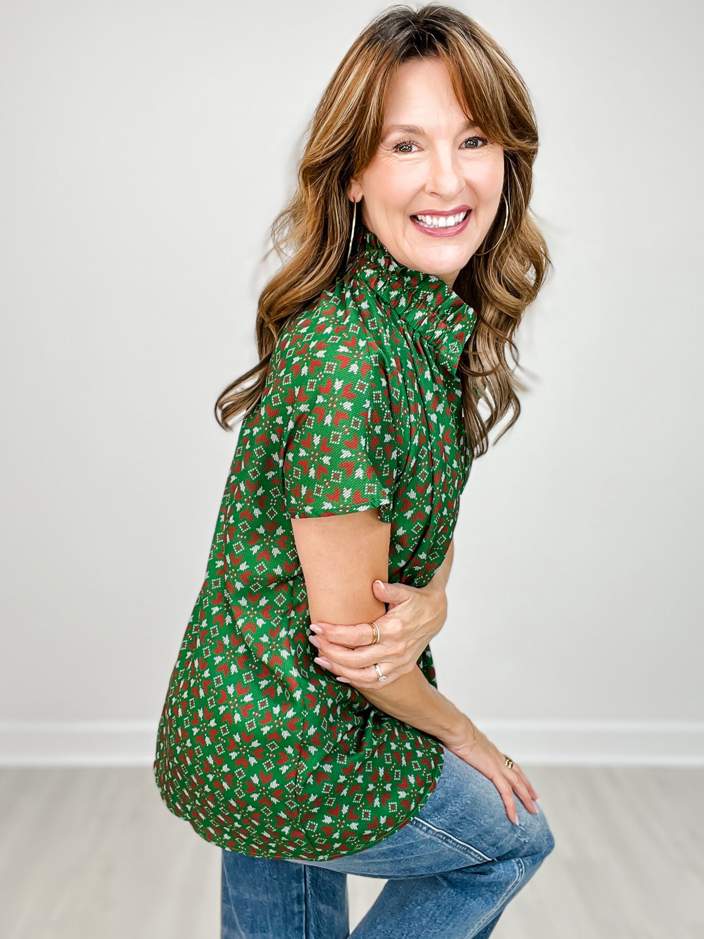 Short Sleeve Christmas Print Button Up Collared Top