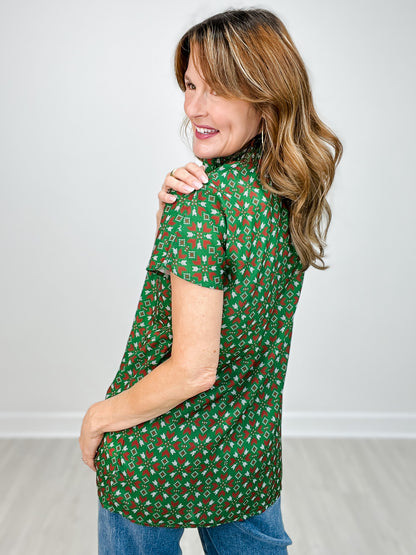 Short Sleeve Christmas Print Button Up Collared Top