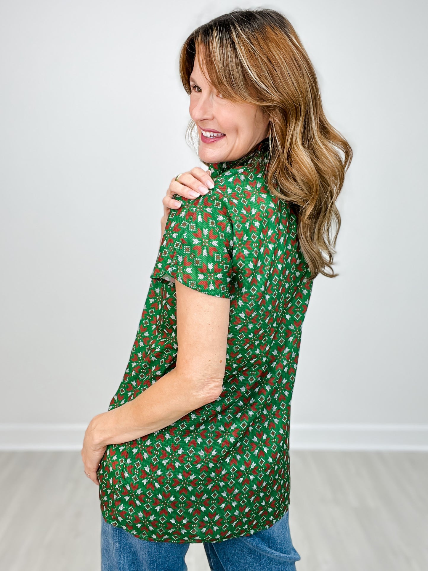 Short Sleeve Christmas Print Button Up Collared Top