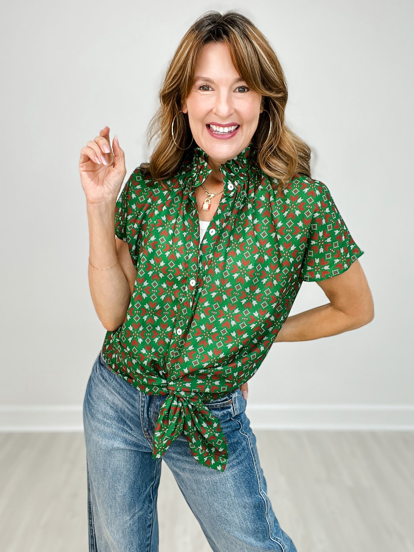 Short Sleeve Christmas Print Button Up Collared Top