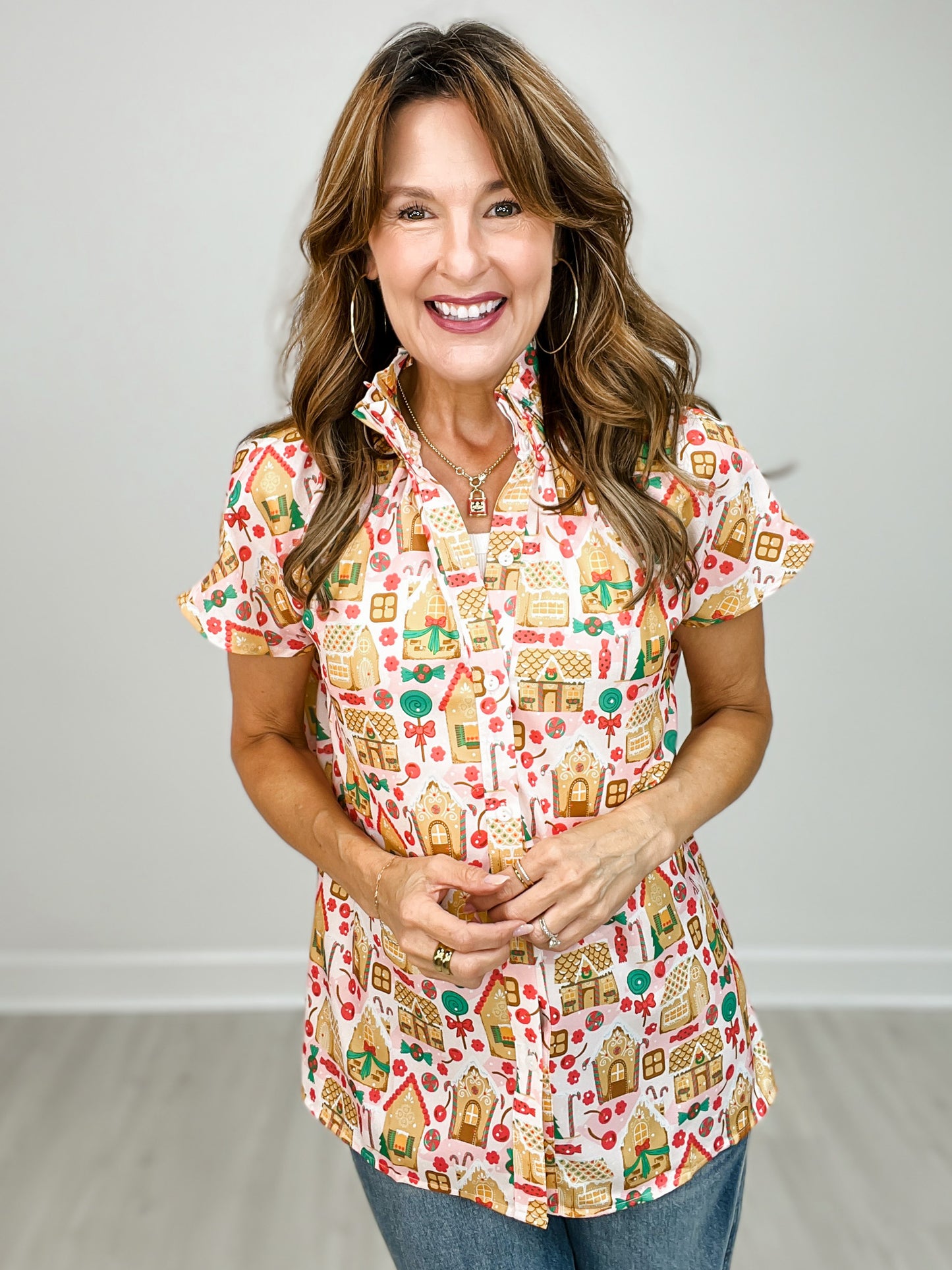 Gingerbread Button Down Short Sleeve Top