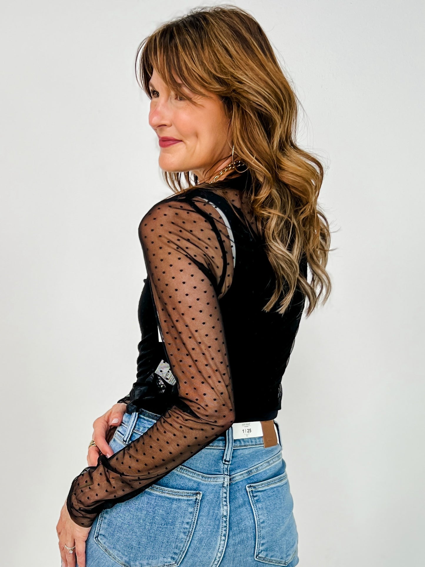 Long Sleeve Polka Dot Sheer Knit Top
