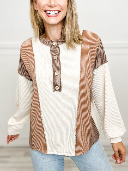 Something New Color Block Long Sleeve Henley Top