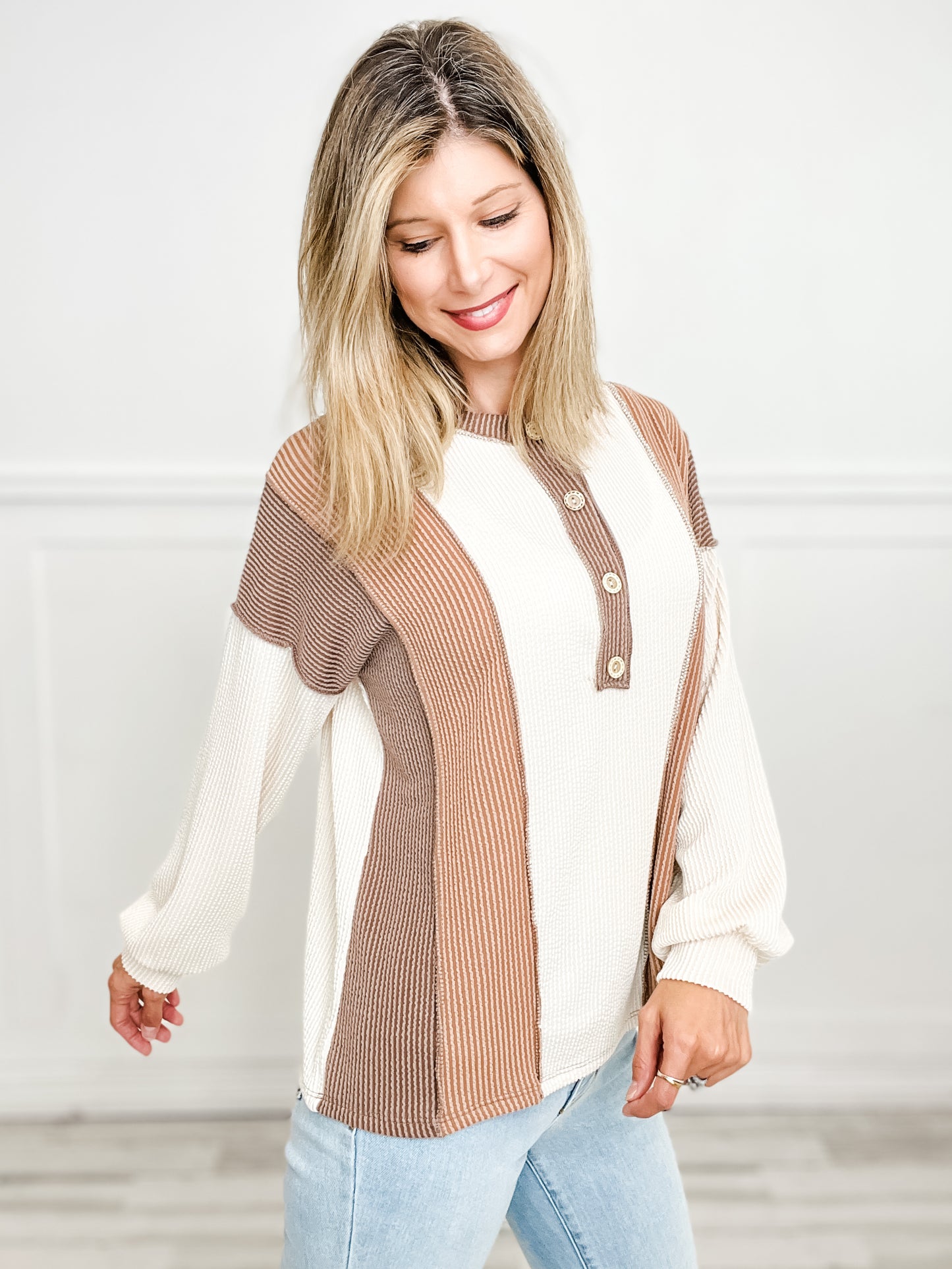 Something New Color Block Long Sleeve Henley Top