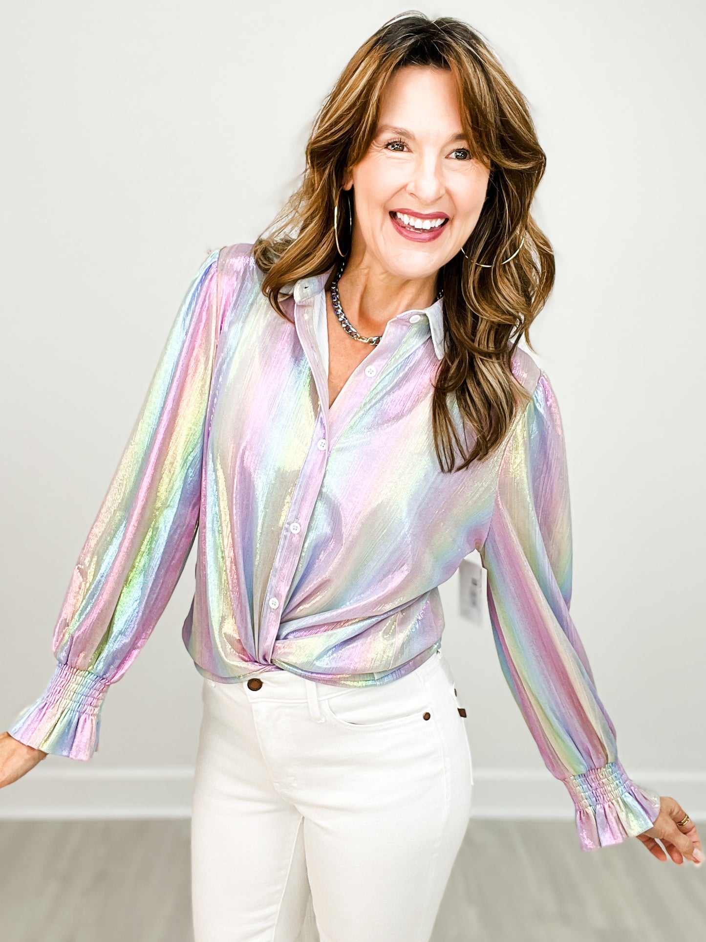 Iridescent Long Sleeve Button Up Collared Top