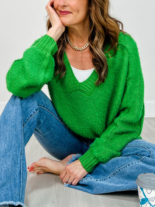 Ribbed Knit Hem V-Neck Sweater