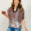 Mixed Print Short Dolman Sleeve Top with Split Neckline