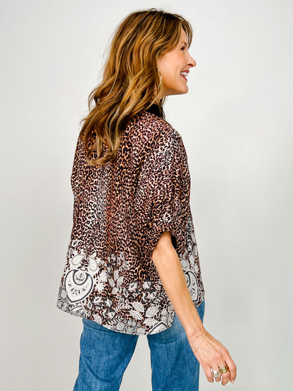 Mixed Print Short Dolman Sleeve Top with Split Neckline