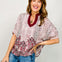 Mixed Print Short Dolman Sleeve Top with Split Neckline