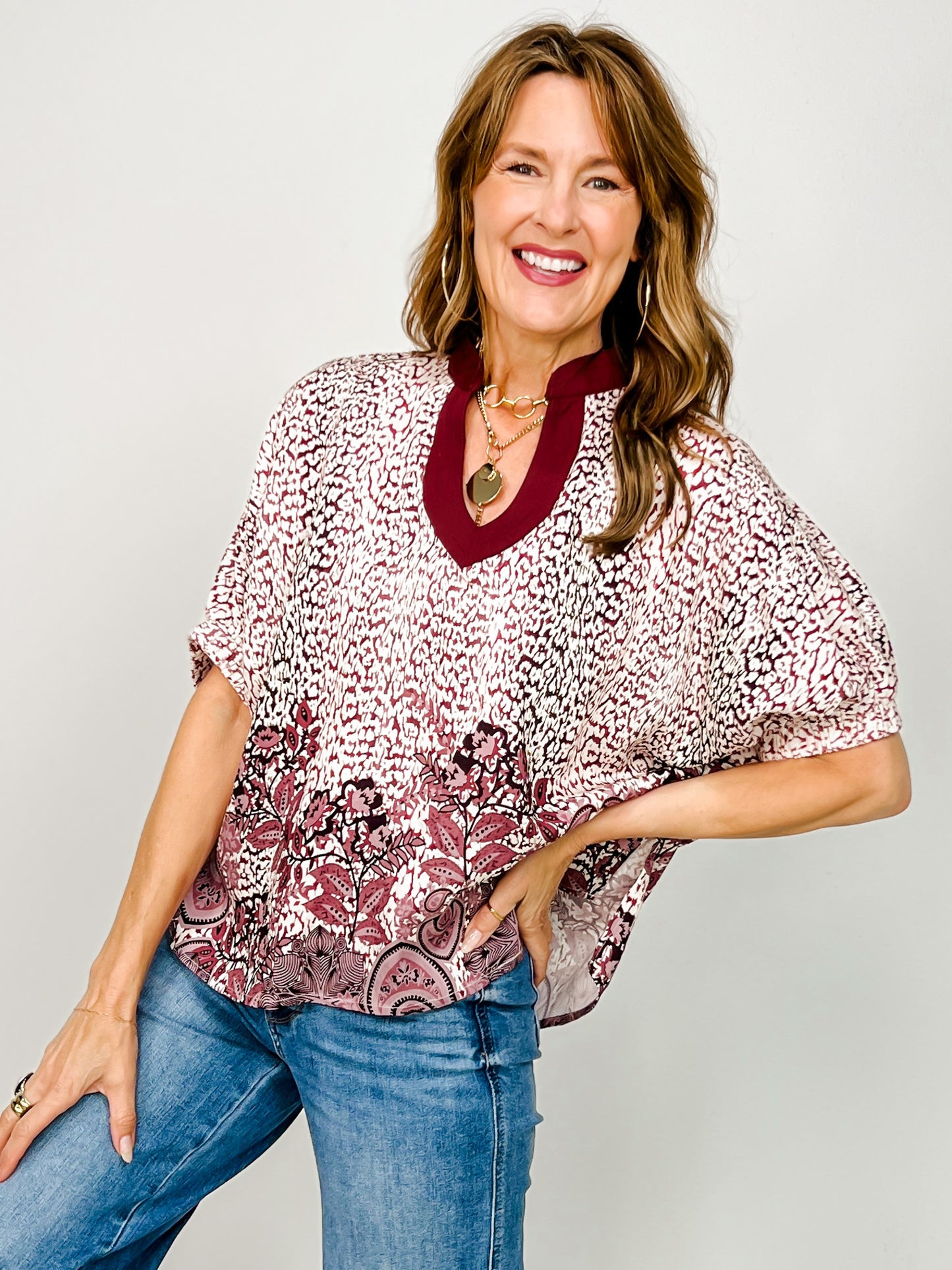 Mixed Print Short Dolman Sleeve Top with Split Neckline