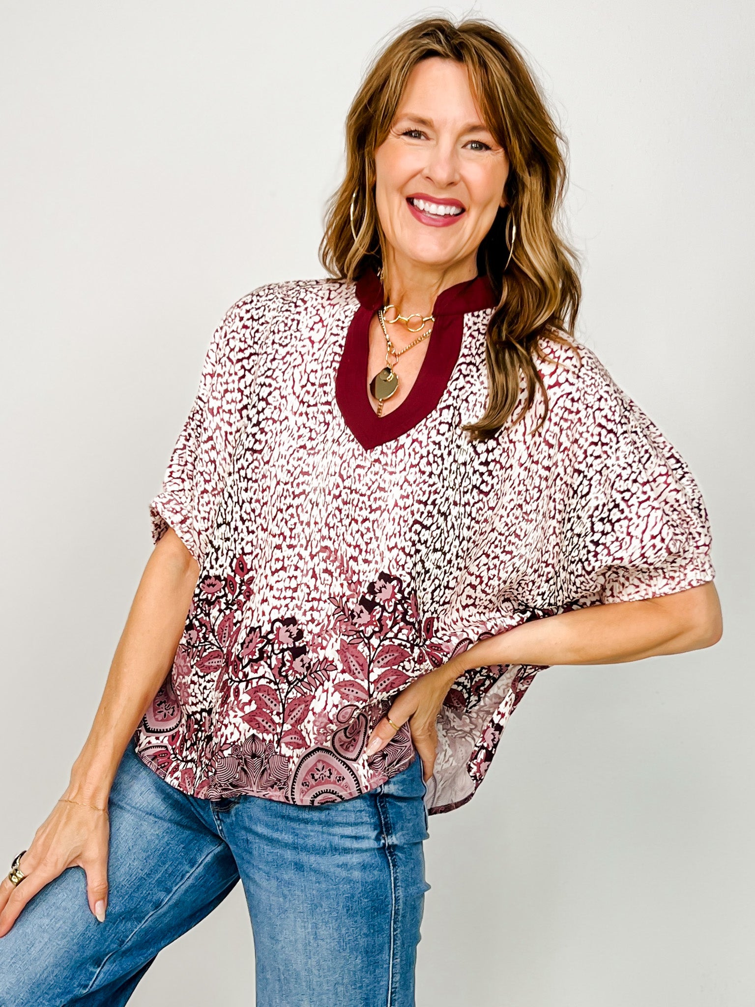 Mixed Print Short Dolman Sleeve Top with Split Neckline