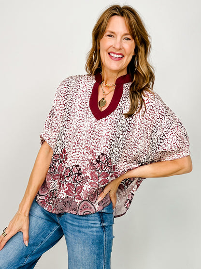 Mixed Print Short Dolman Sleeve Top with Split Neckline