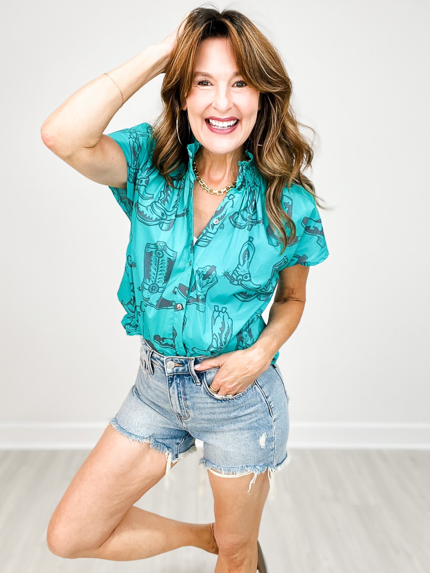 Boot Print Short Sleeve Button Down Collared Top