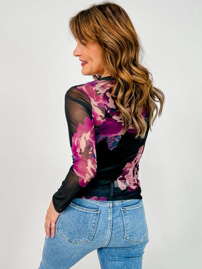Bold Floral Print Mesh Top with Lettuce Hem