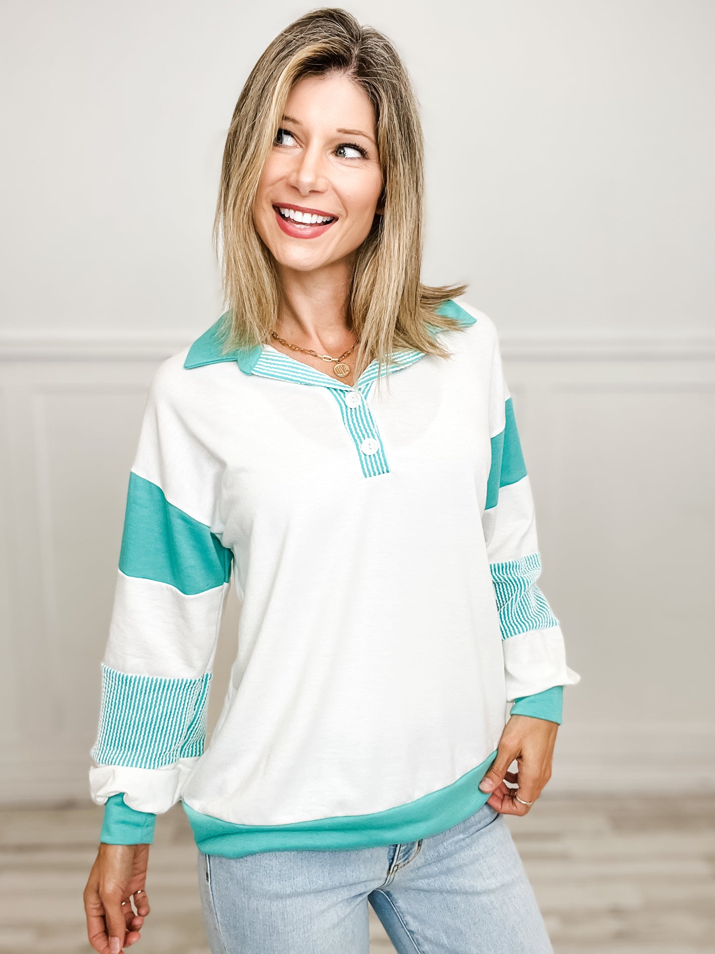 Block It Out Long Sleeve Collared Henley Top