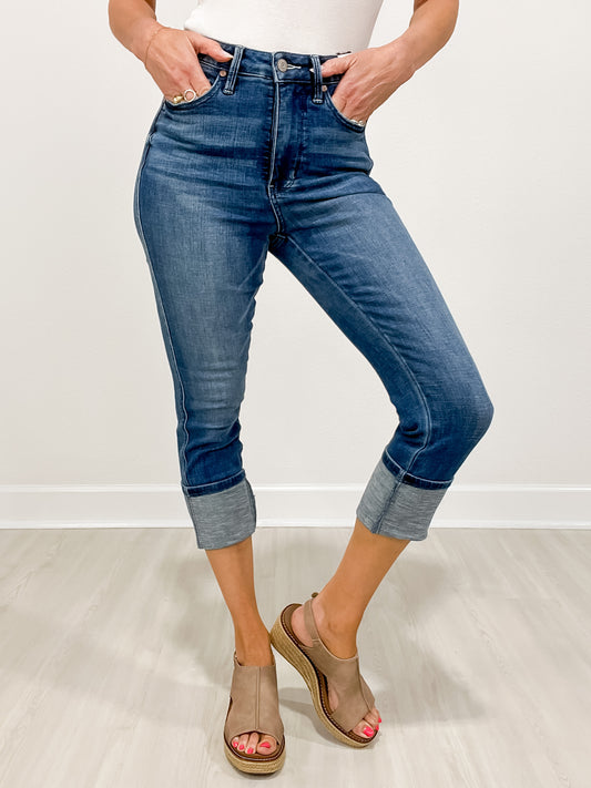 Judy Blue FRANKIE High Waist Tummy Control Cuff Capri Jeans