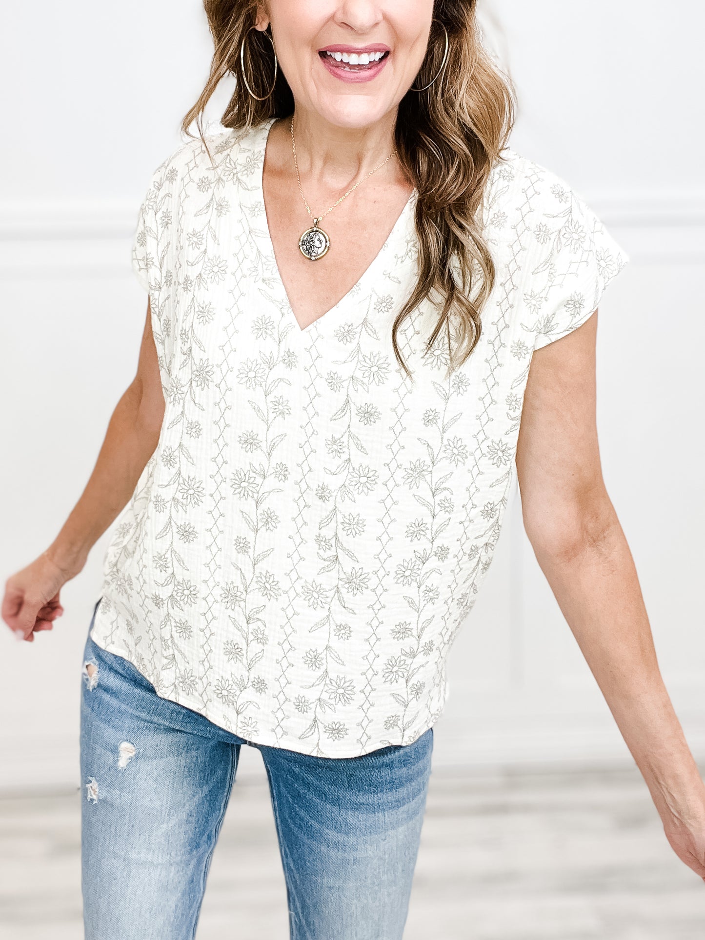 Gauze Flower Print V-Neck Top