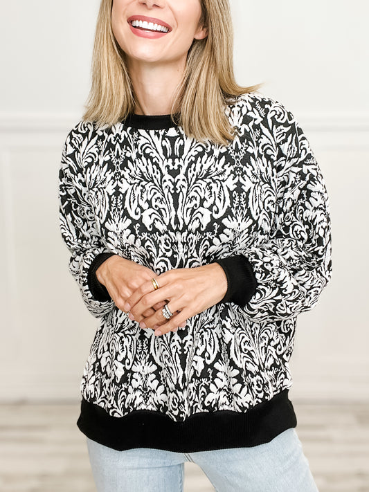 Long Sleeve Damask Print Top with Rounded Neckline