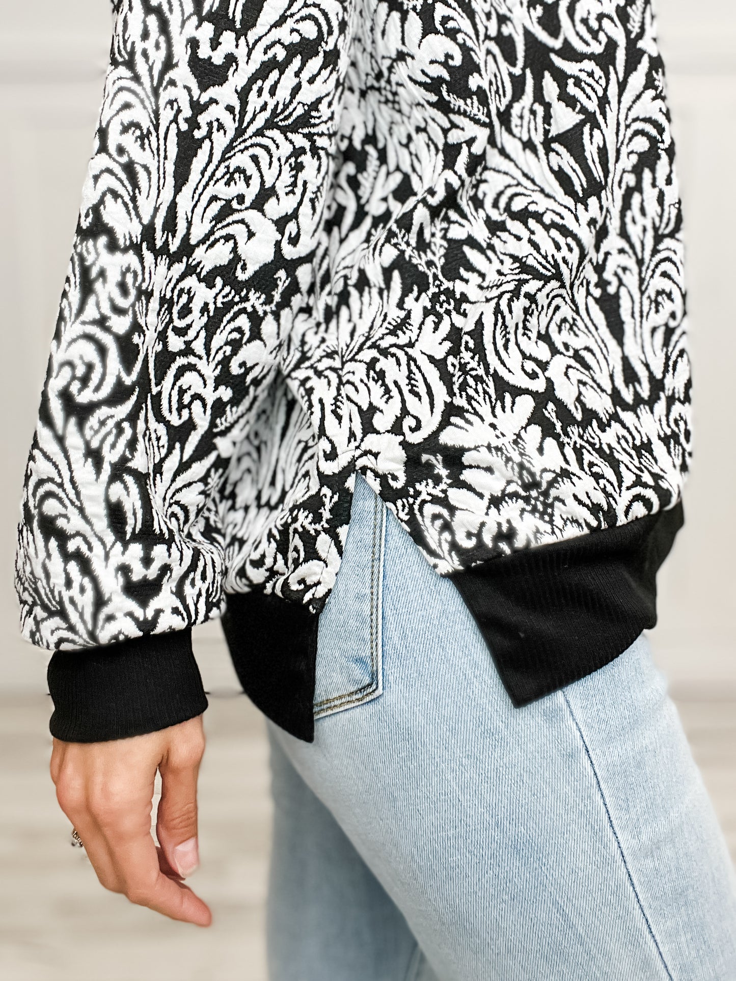 Long Sleeve Damask Print Top with Rounded Neckline