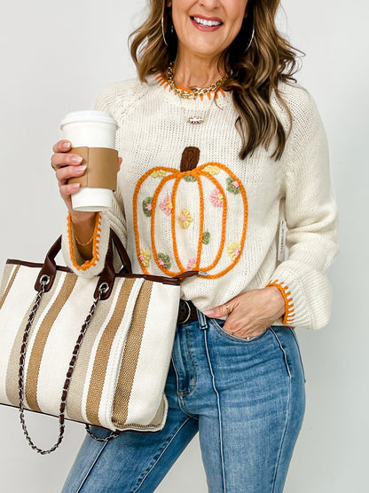 Pumpkin Floral Embroidered Sweater with Stitch Detail