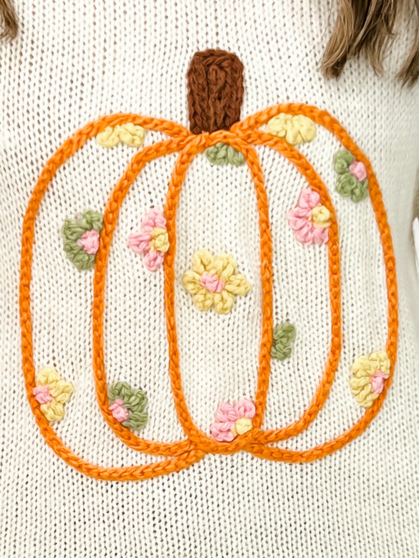Pumpkin Floral Embroidered Sweater with Stitch Detail