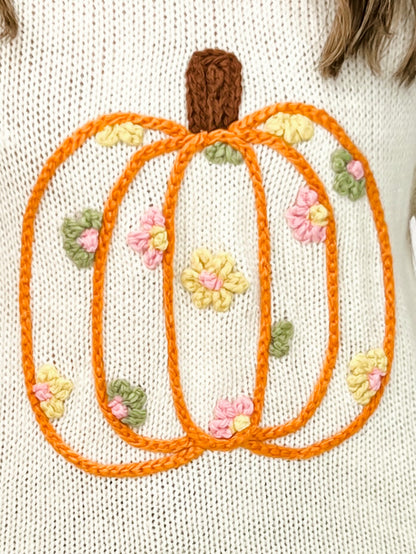 Pumpkin Floral Embroidered Sweater with Stitch Detail