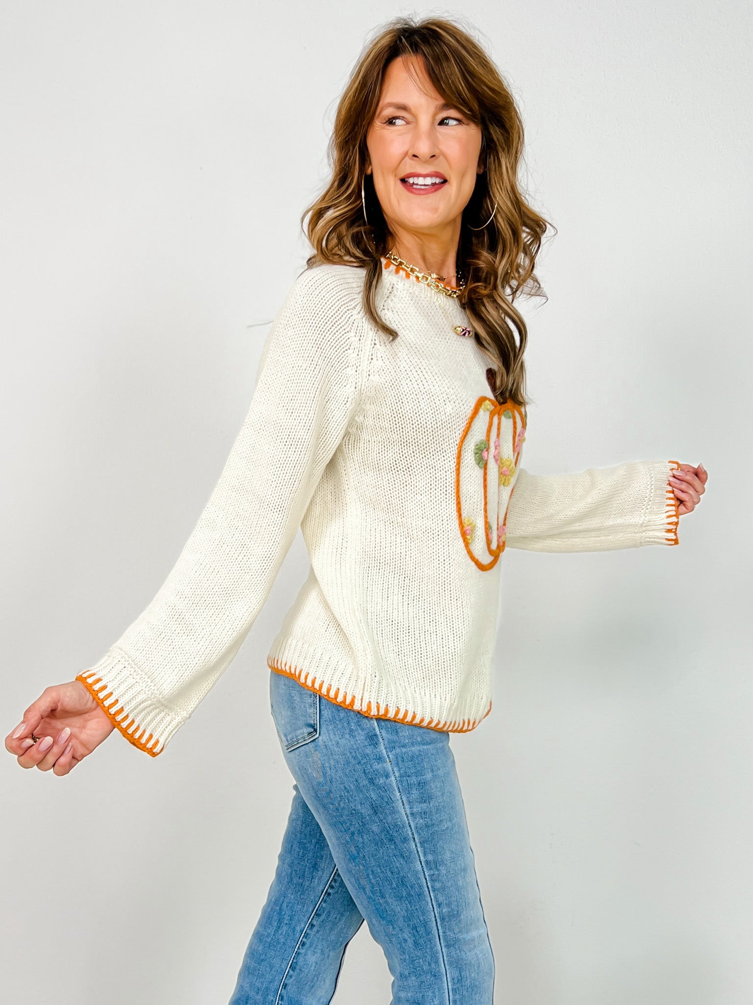 Pumpkin Floral Embroidered Sweater with Stitch Detail