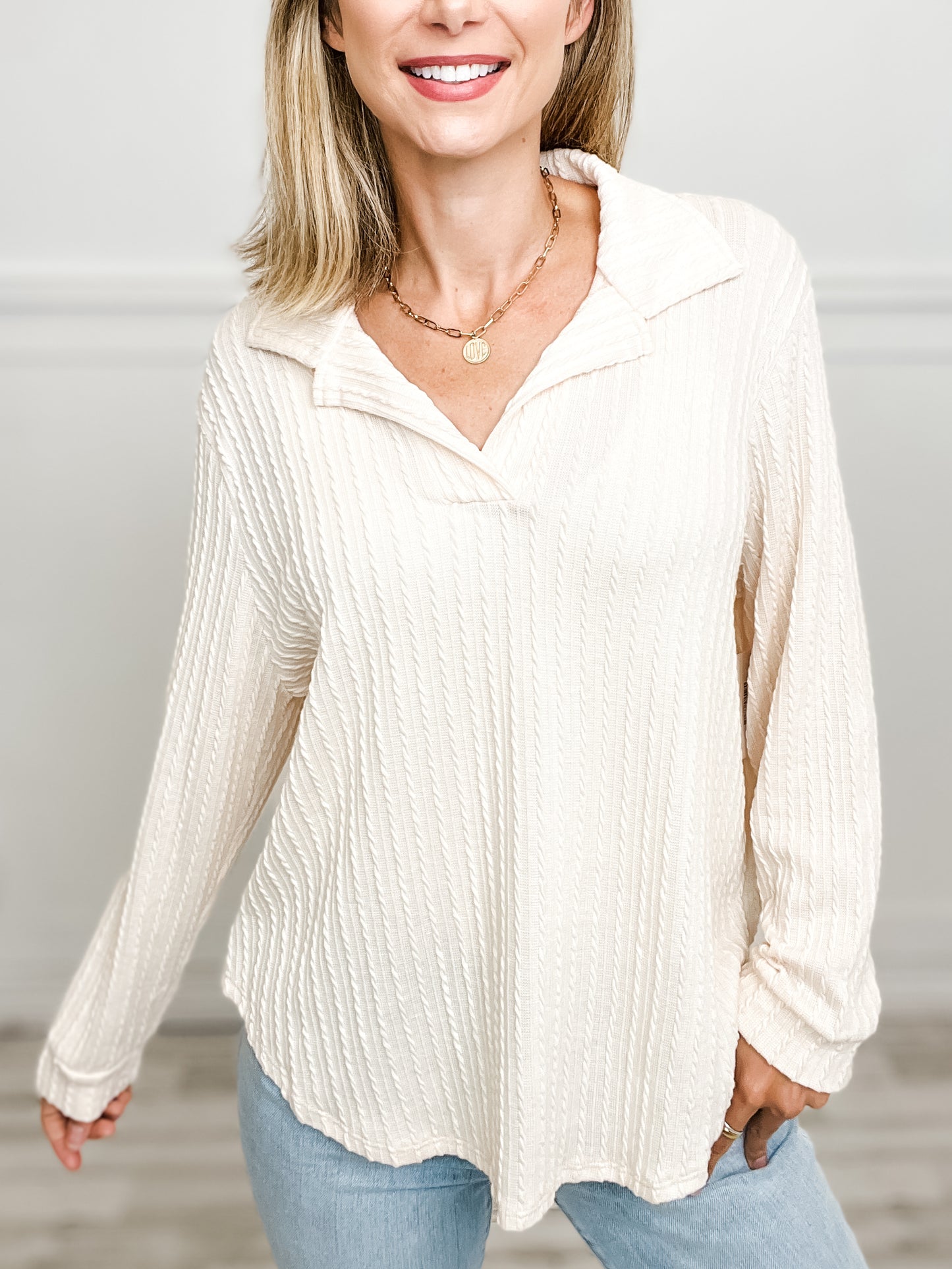 Long Sleeve Collared Cable Knit Top with V-Neckline