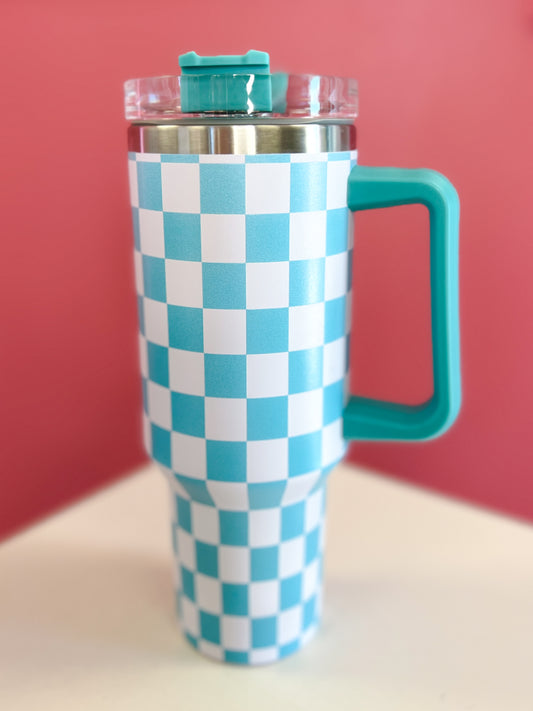 Tiffany Blue Checkered 40oz. Tumbler With Handle Matte Finish
