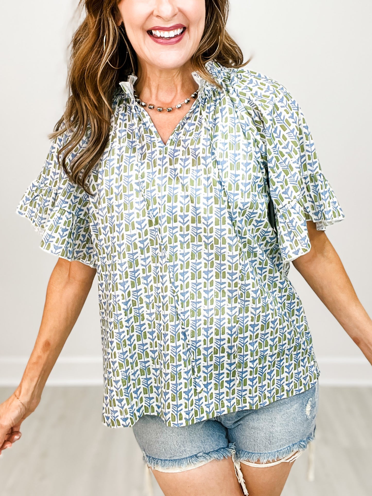 The Bell Green and Blue Short Sleeve Top
