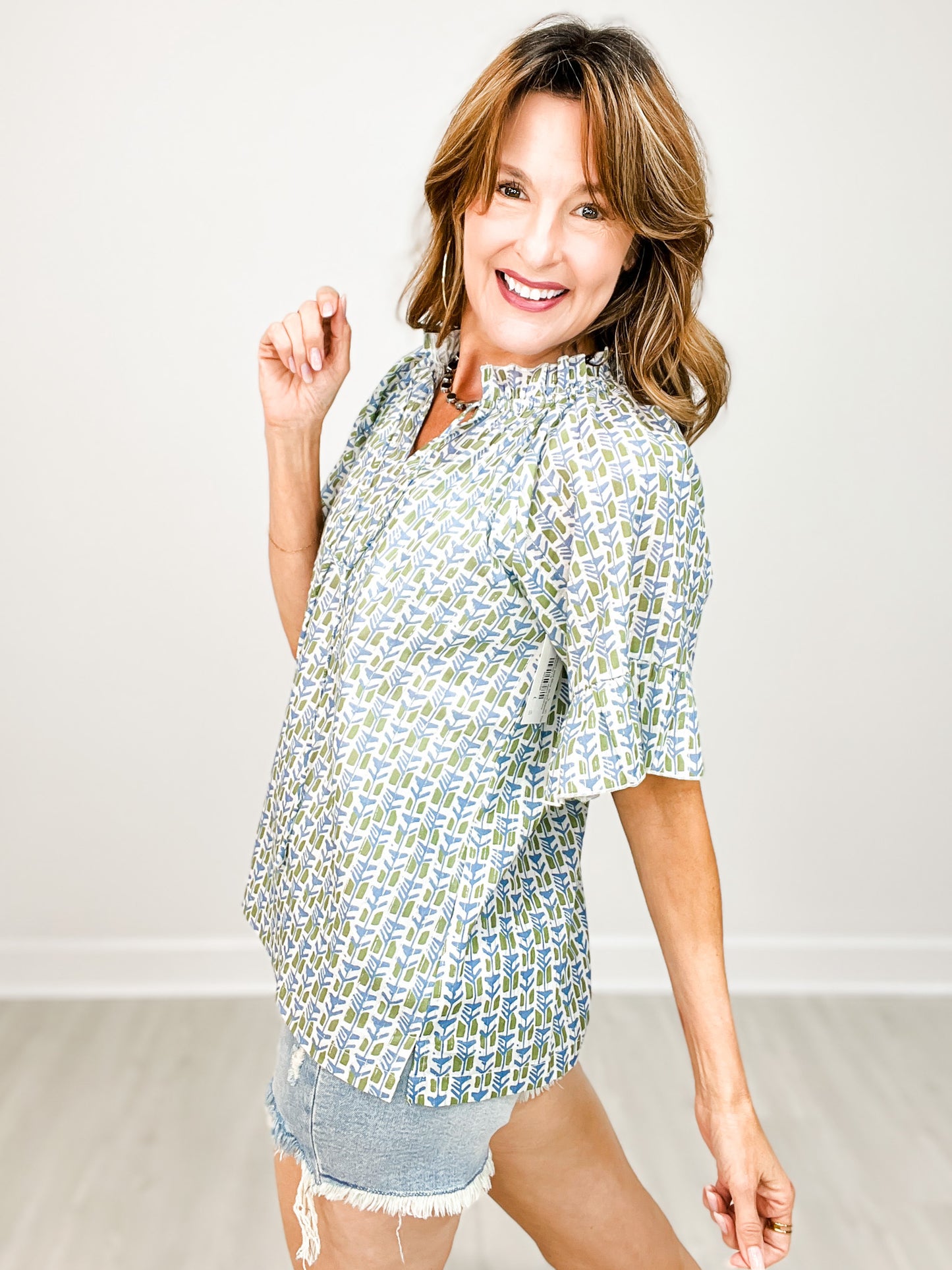 The Bell Green and Blue Short Sleeve Top