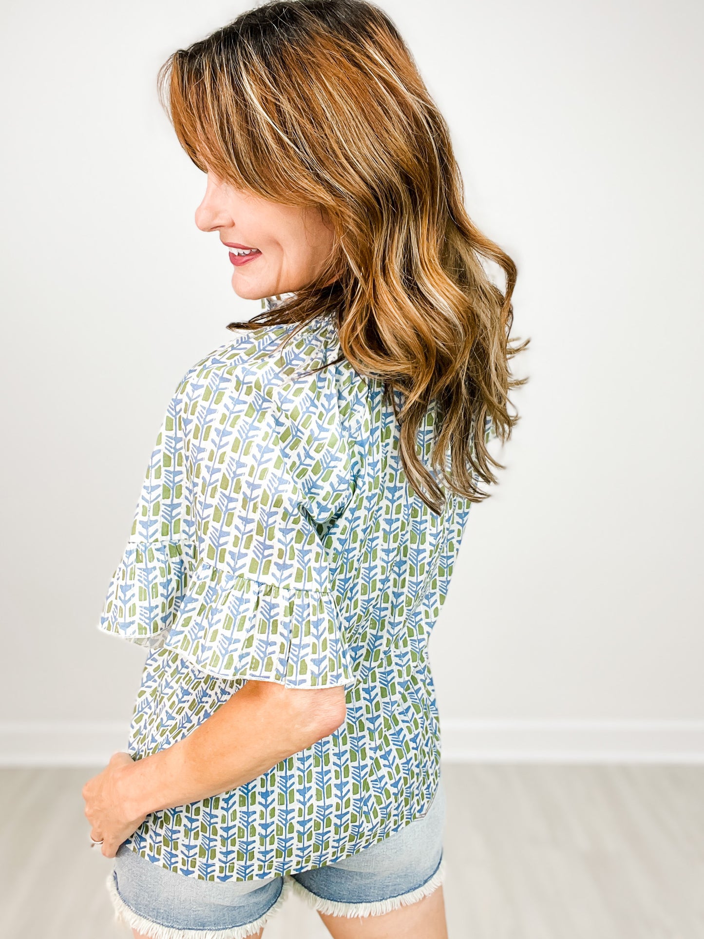 The Bell Green and Blue Short Sleeve Top