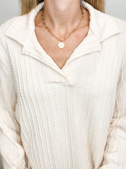 Long Sleeve Collared Cable Knit Top with V-Neckline