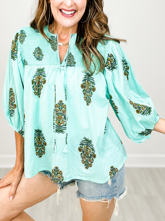 Floral Print Flowy Bubble Sleeve Top with Tie Neckline