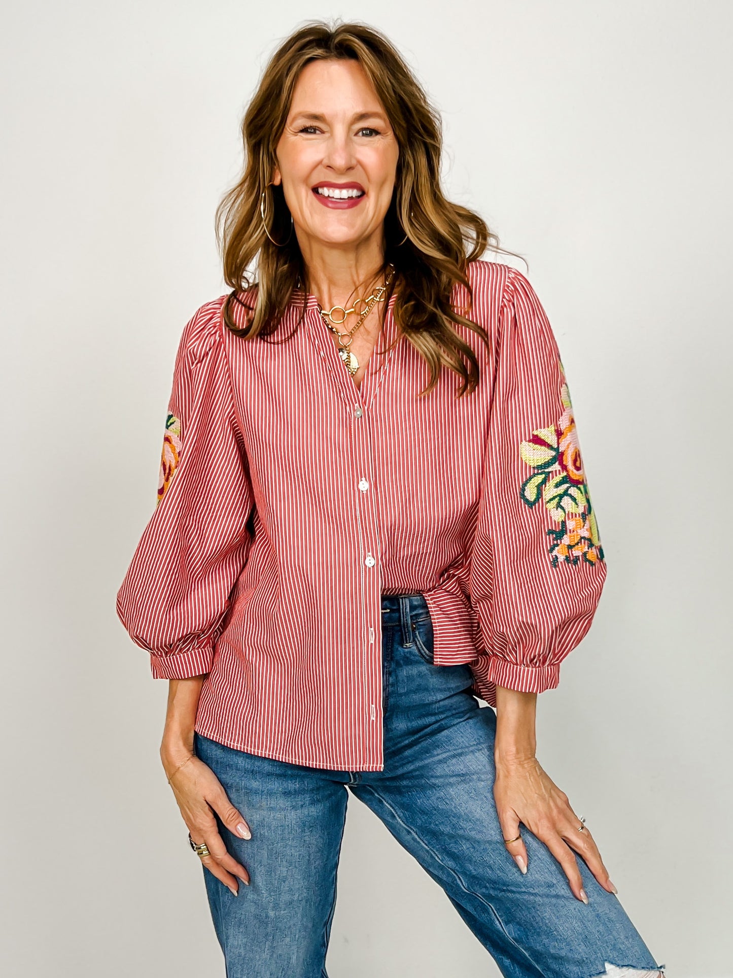 Floral Embroidered Button Down Stripe Top