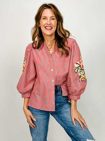 Floral Embroidered Button Down Stripe Top