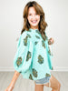 Floral Print Flowy Bubble Sleeve Top with Tie Neckline