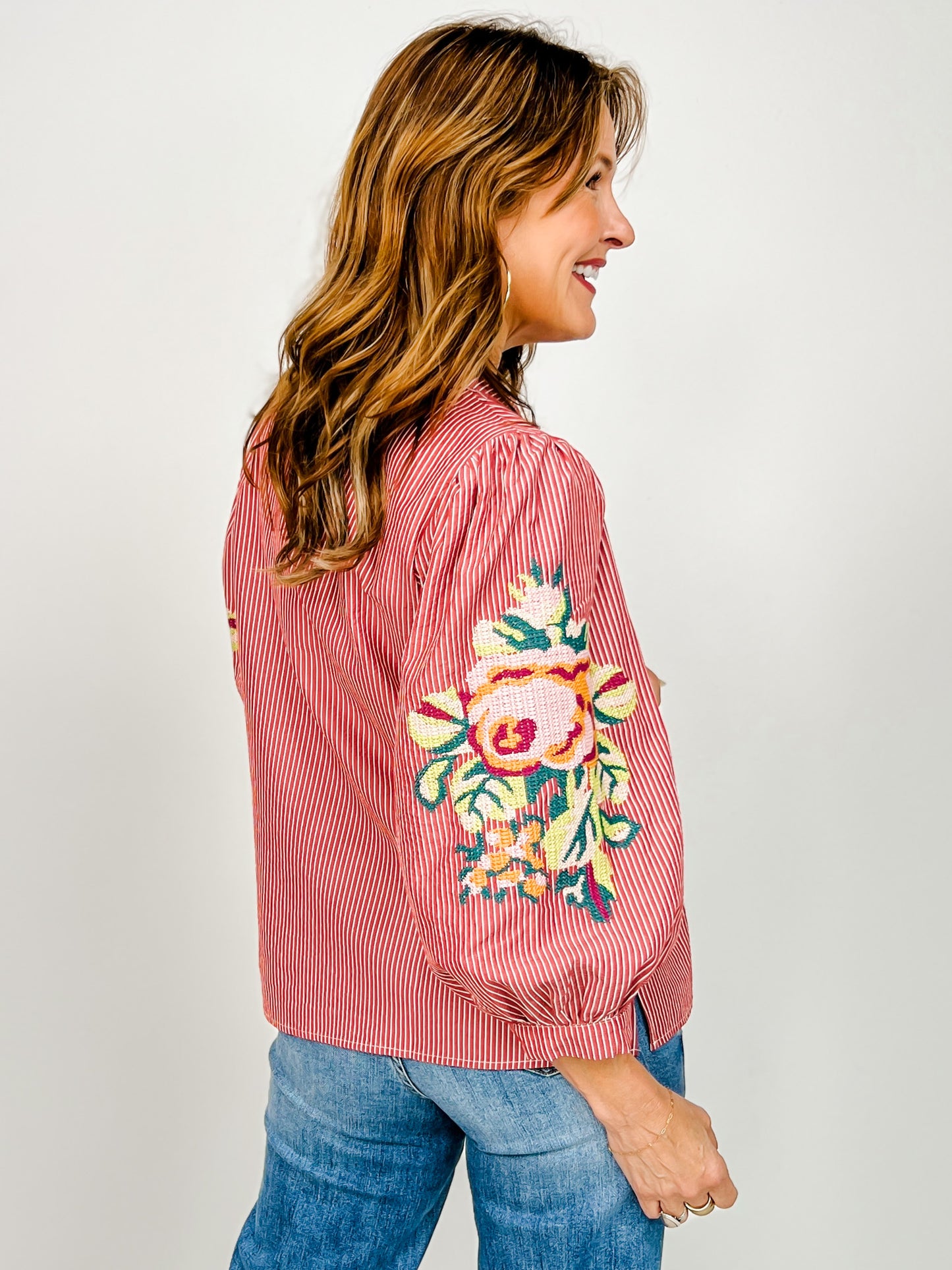 Floral Embroidered Button Down Stripe Top