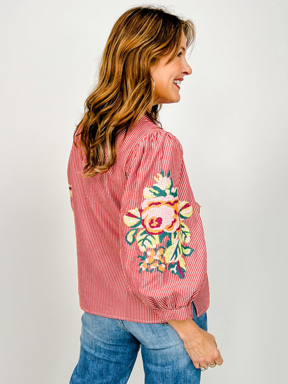 Floral Embroidered Button Down Stripe Top