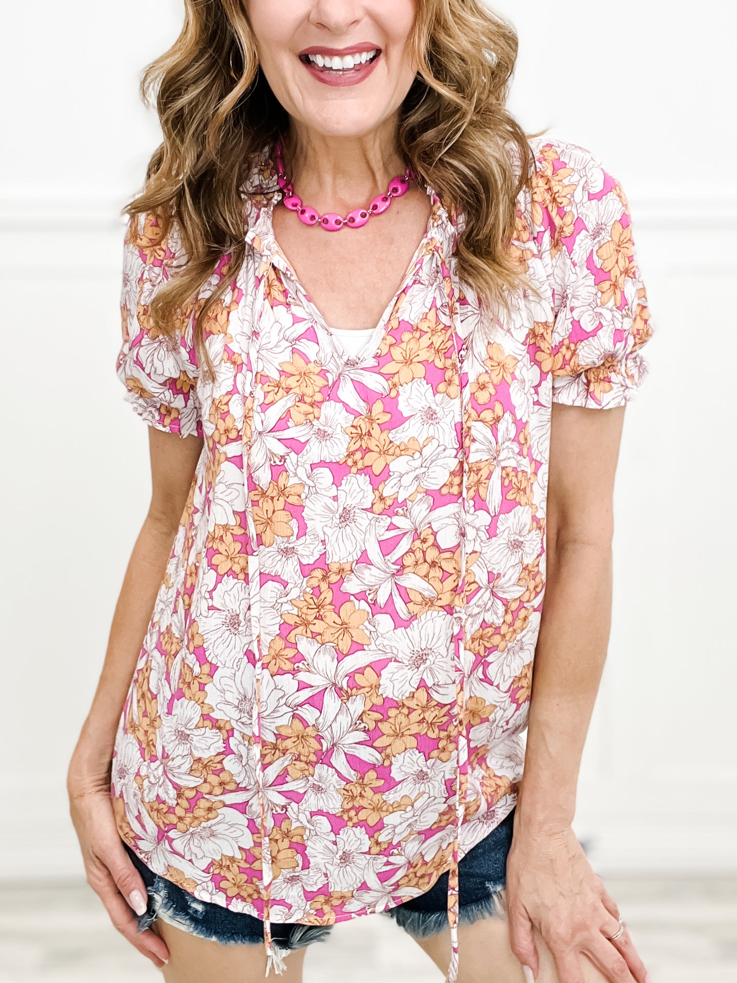 Truth Hurts Floral Tie-Up Ruffle Mock Neck Top