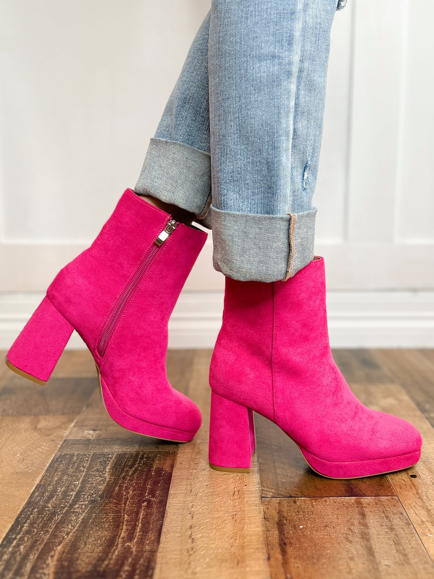 Corkys Slug Bug Block Heel Boots in Fuchsia Suede