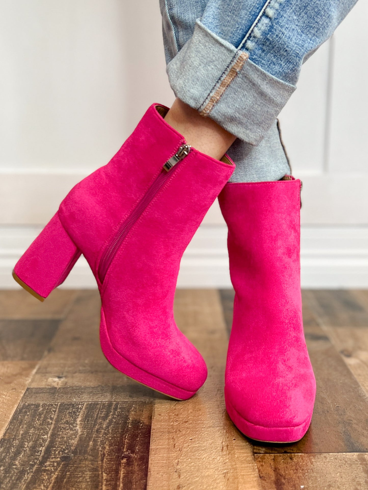 Corkys Slug Bug Block Heel Boots in Fuchsia Suede