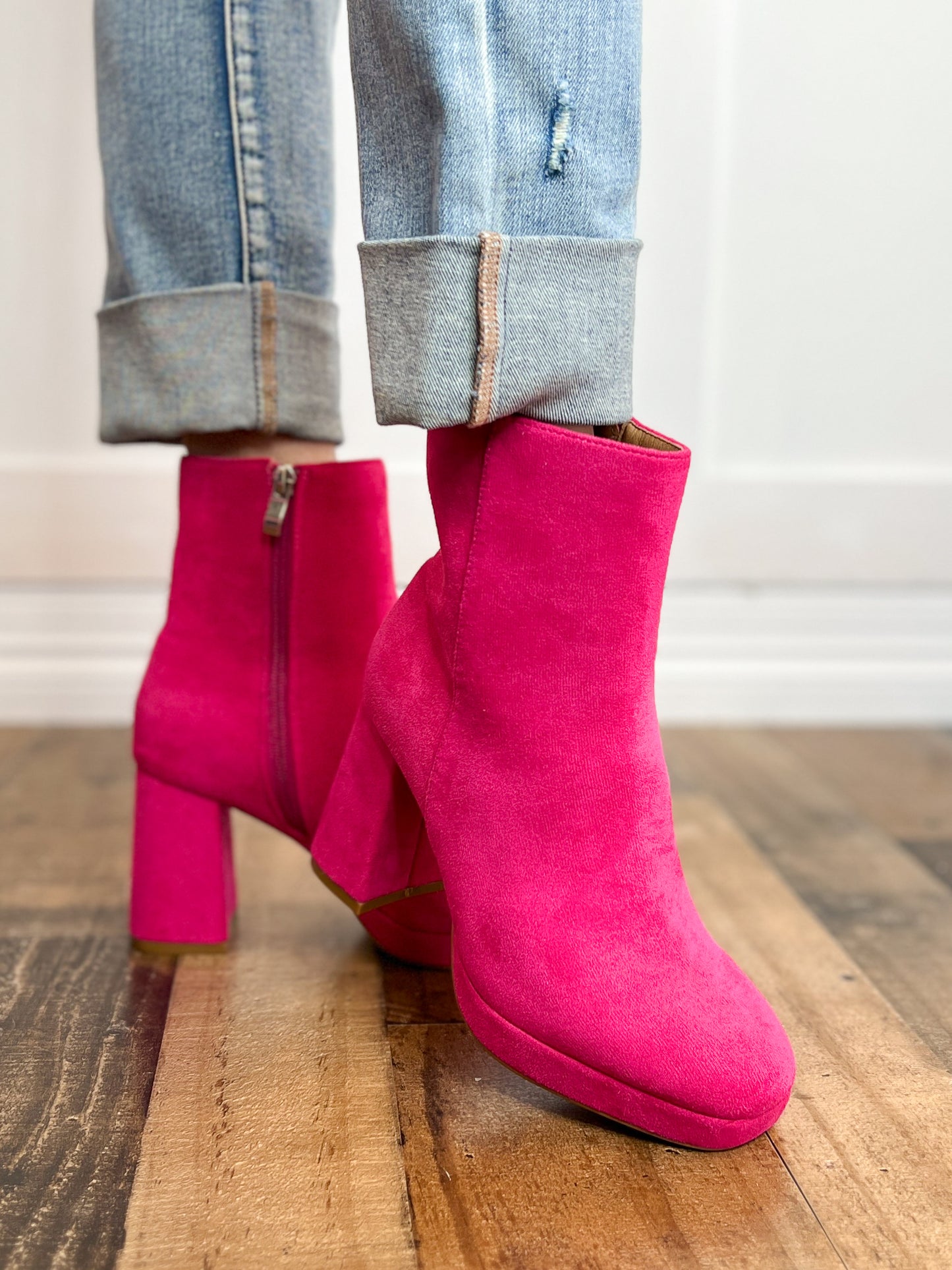 Corkys Slug Bug Block Heel Boots in Fuchsia Suede