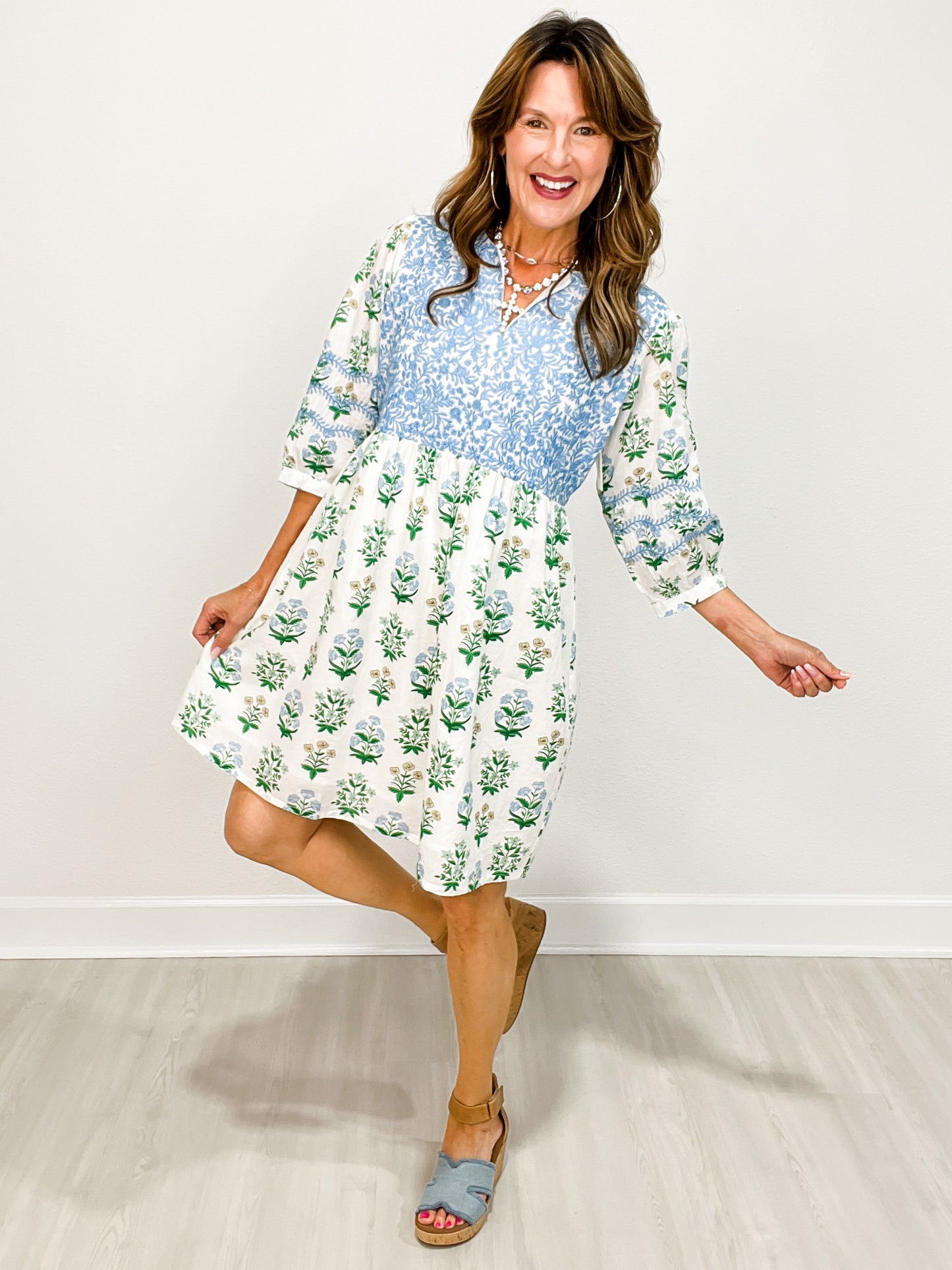 Floral Print Quarter Sleeve Dress with Blue Embroidery Details