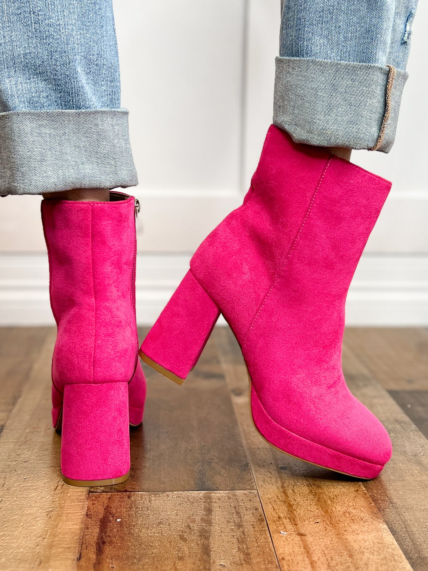 Corkys Slug Bug Block Heel Boots in Fuchsia Suede