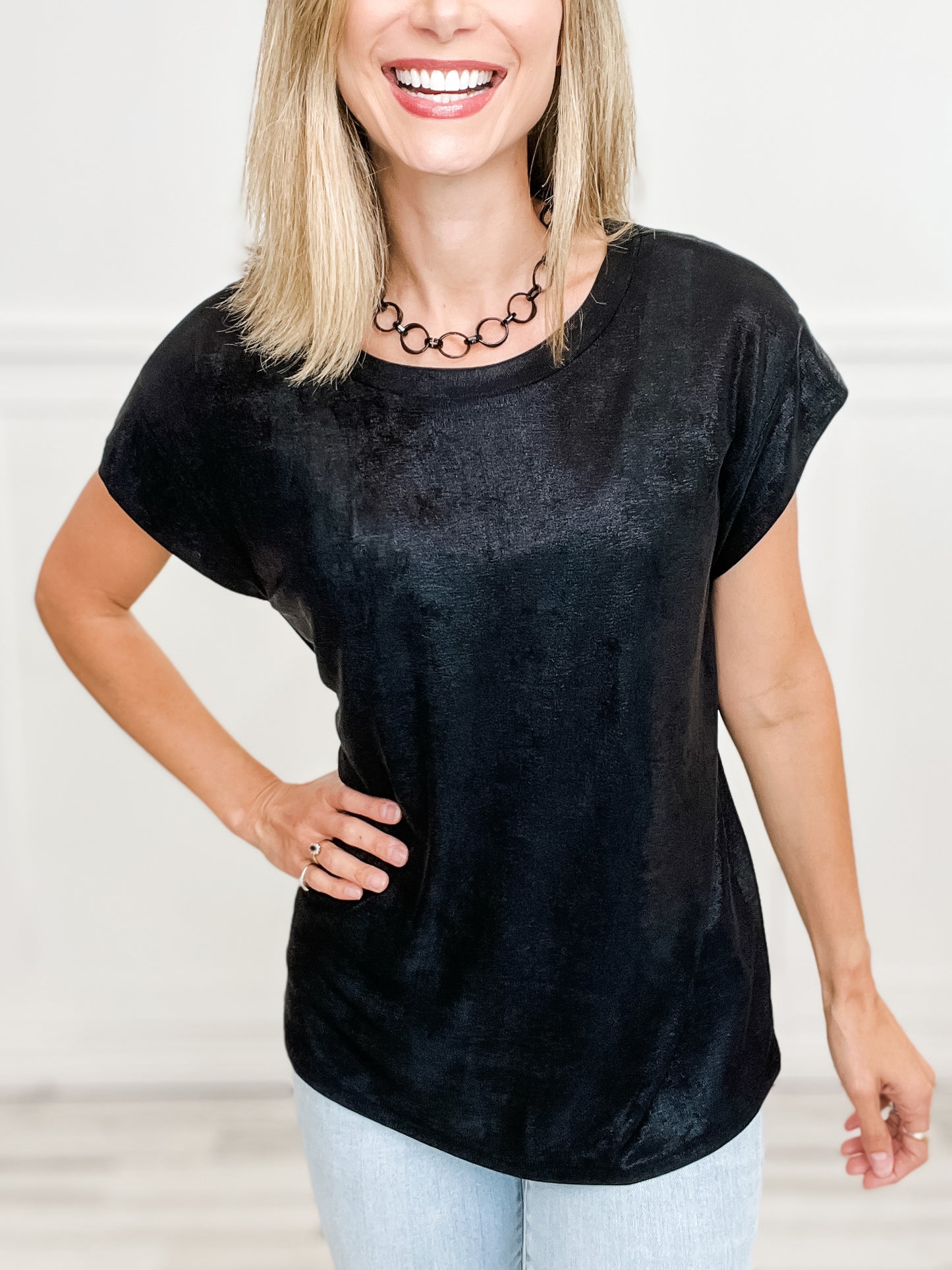 Short Sleeve Metallic Short Sleeve Top with Round Neckline